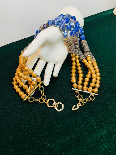 5 Strand Blue and Gold Beaded Necklace